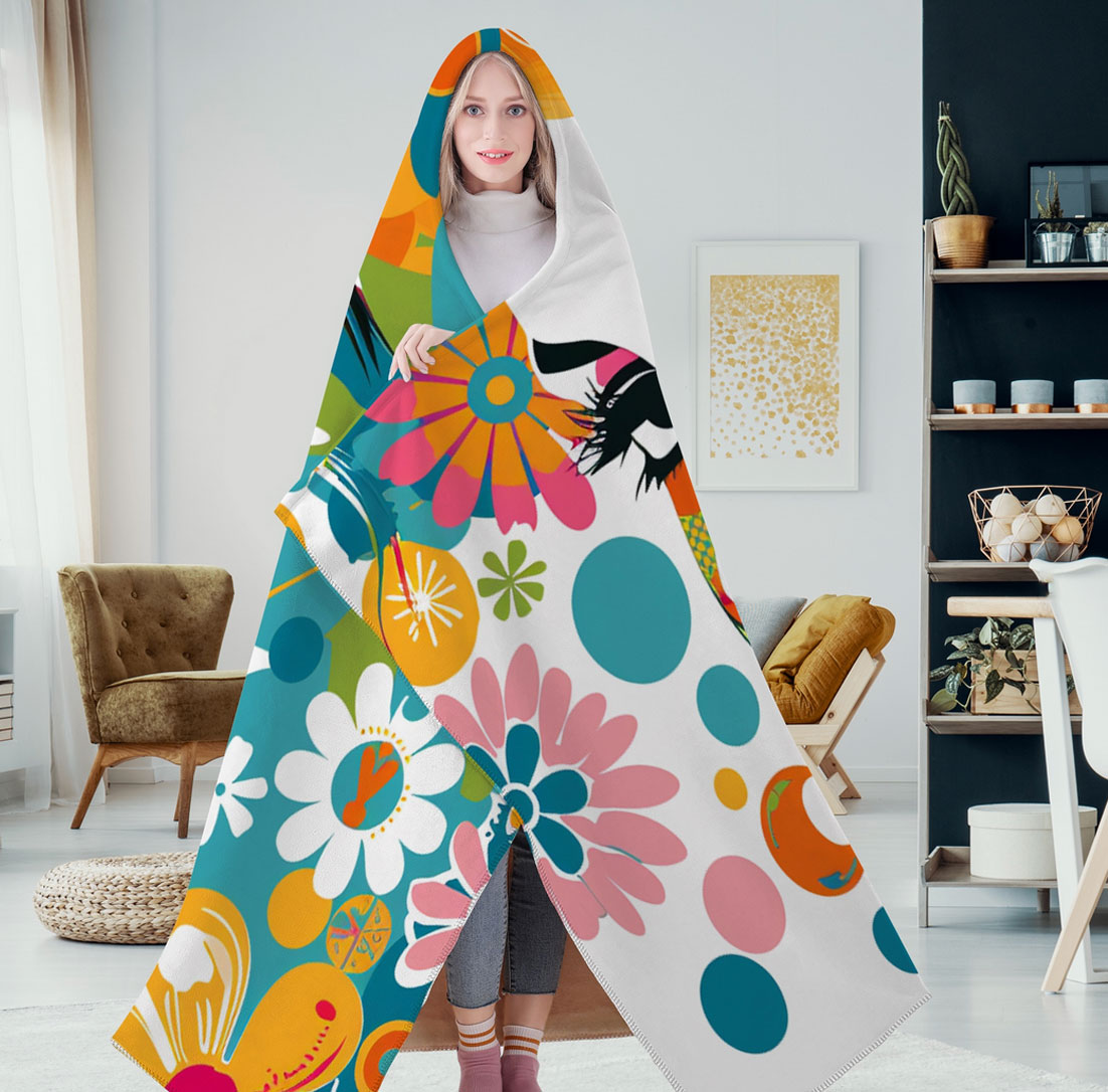 Phoenix Pattern Print Floral Hooded Blanket